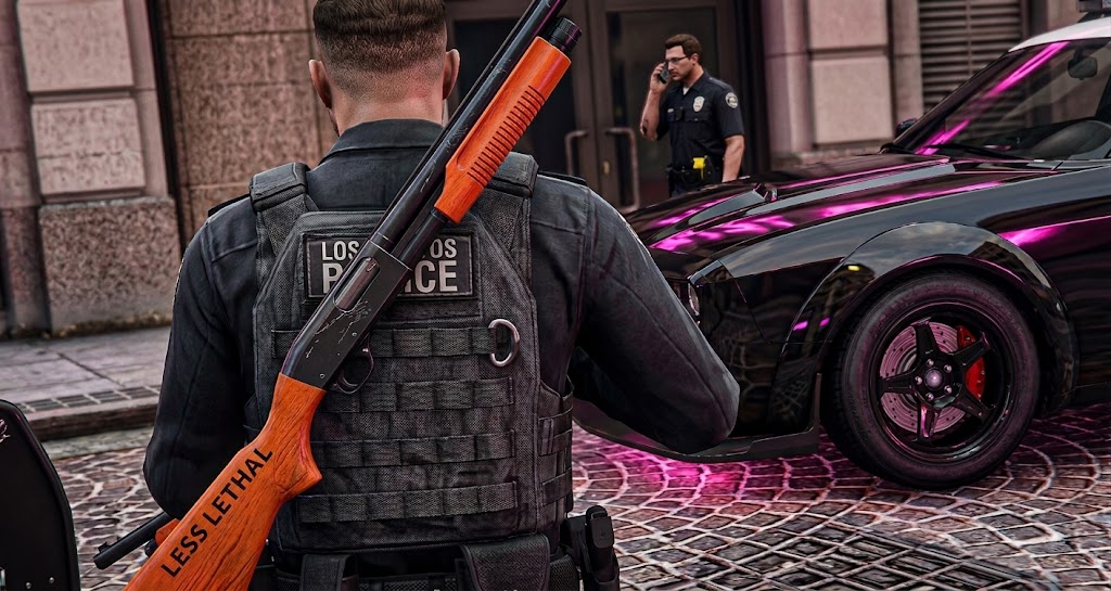 Oficial de Los Santos Police Department junto a un vehículo